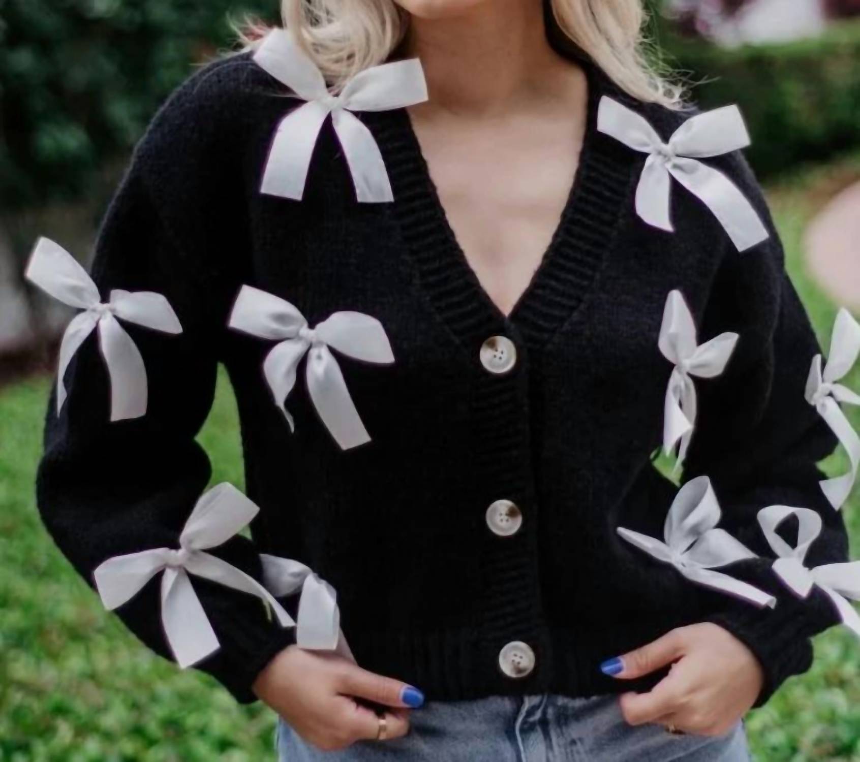 Katydid - Women's Satin Bow Long Sleeve Knit Cardigan