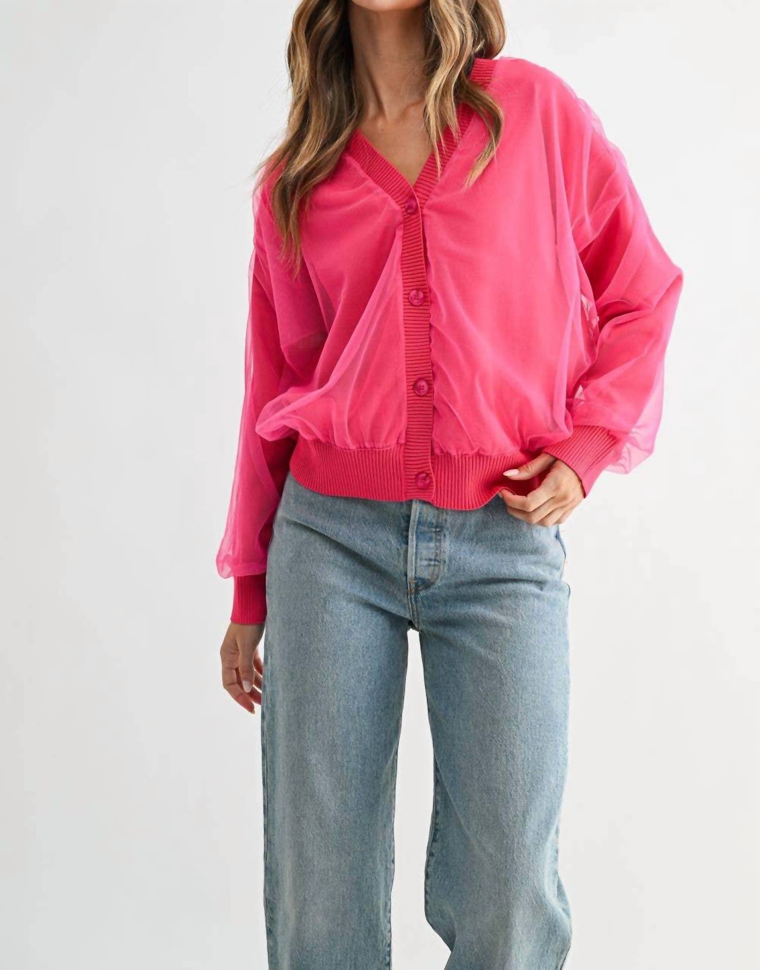 Joh Steven Sheer Ribbed Cardigan in hot pink - women's cardigan