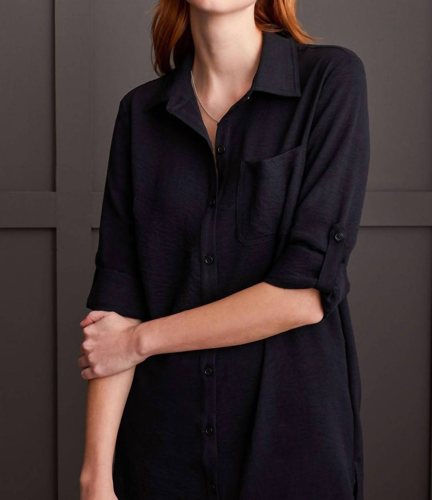 TRIBAL Pebbled Crepe Roll Sleeve Tunic Top in black - women's shirt - alternate view