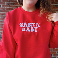 Distressed Vintage Couture Santa Baby Crewneck Sweatshirt in red white - women's top - detail view