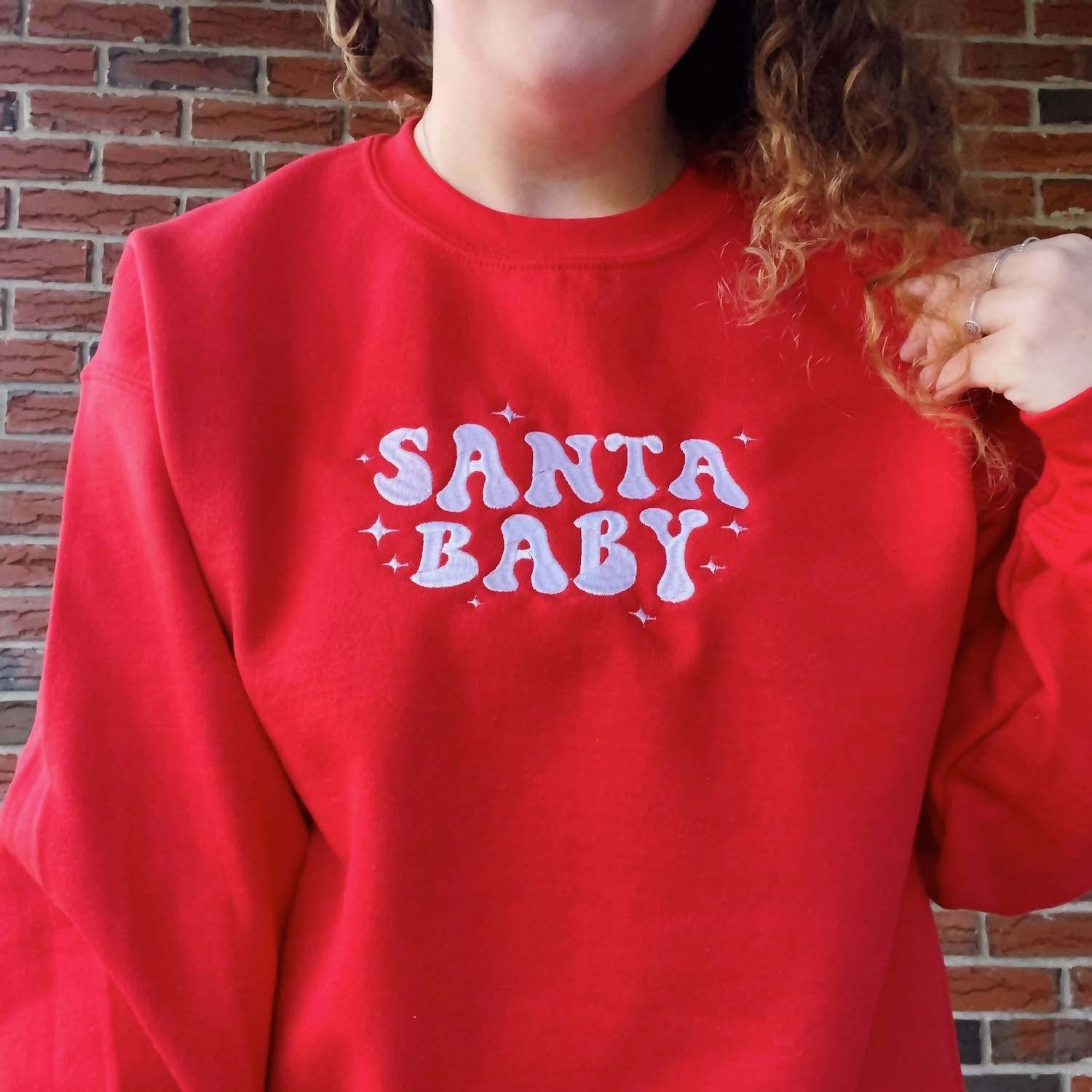 Distressed Vintage Couture Santa Baby Crewneck Sweatshirt in red white - women's top - detail view