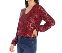 Karen Kane Blouson Sleeve Sequin V-Neck Top in ruby - women's blouse - view 5