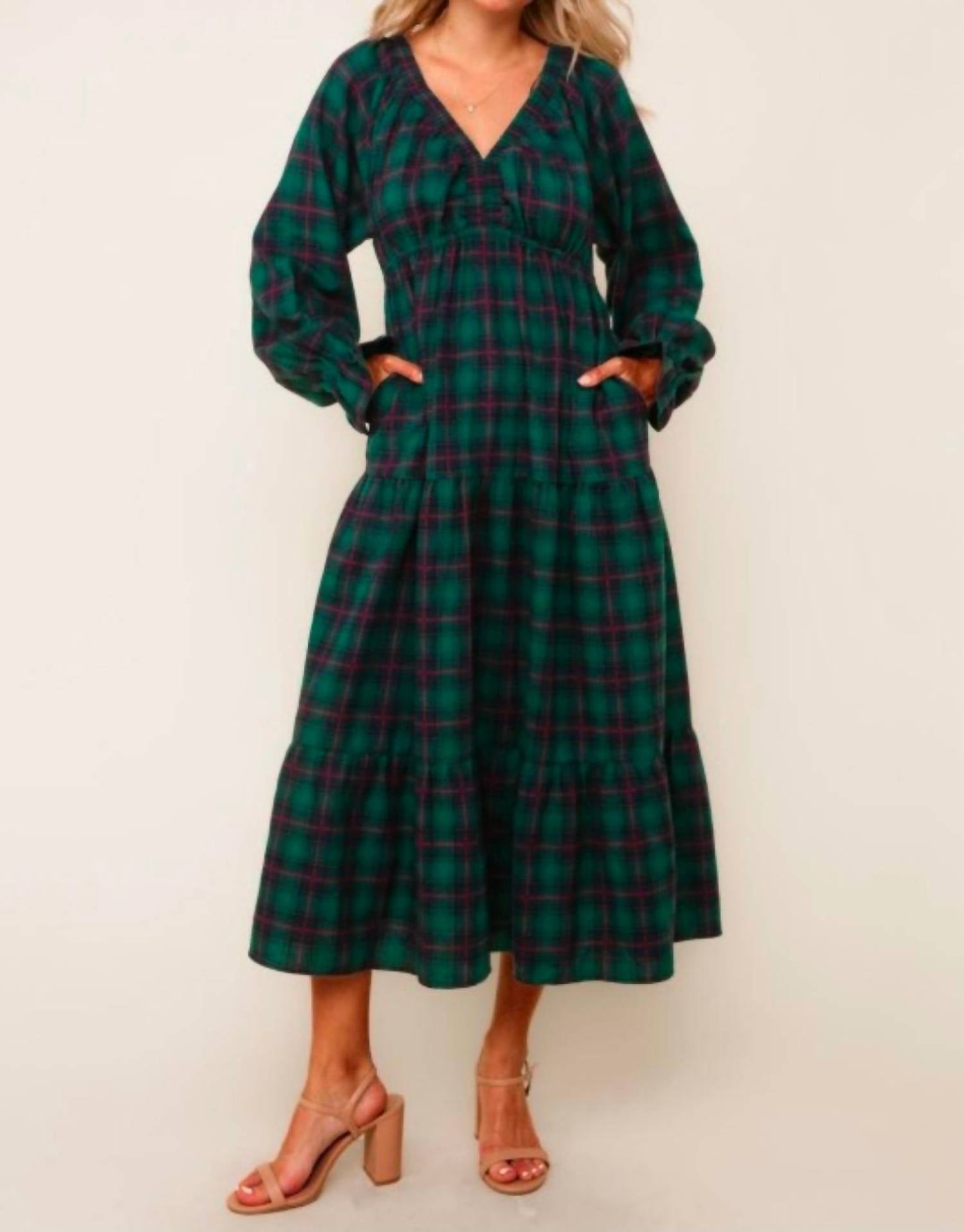 Haptics Plaid V-neck Long Dress in hunter green - women's dress - detail view