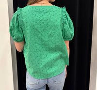 WISHLIST Eyelet Puff Sleeve Top in green - women's blouse - alternate view