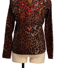 Johnny Was Women's Mixed Media Henley Shirt in brown - women's long sleeve top - detail view