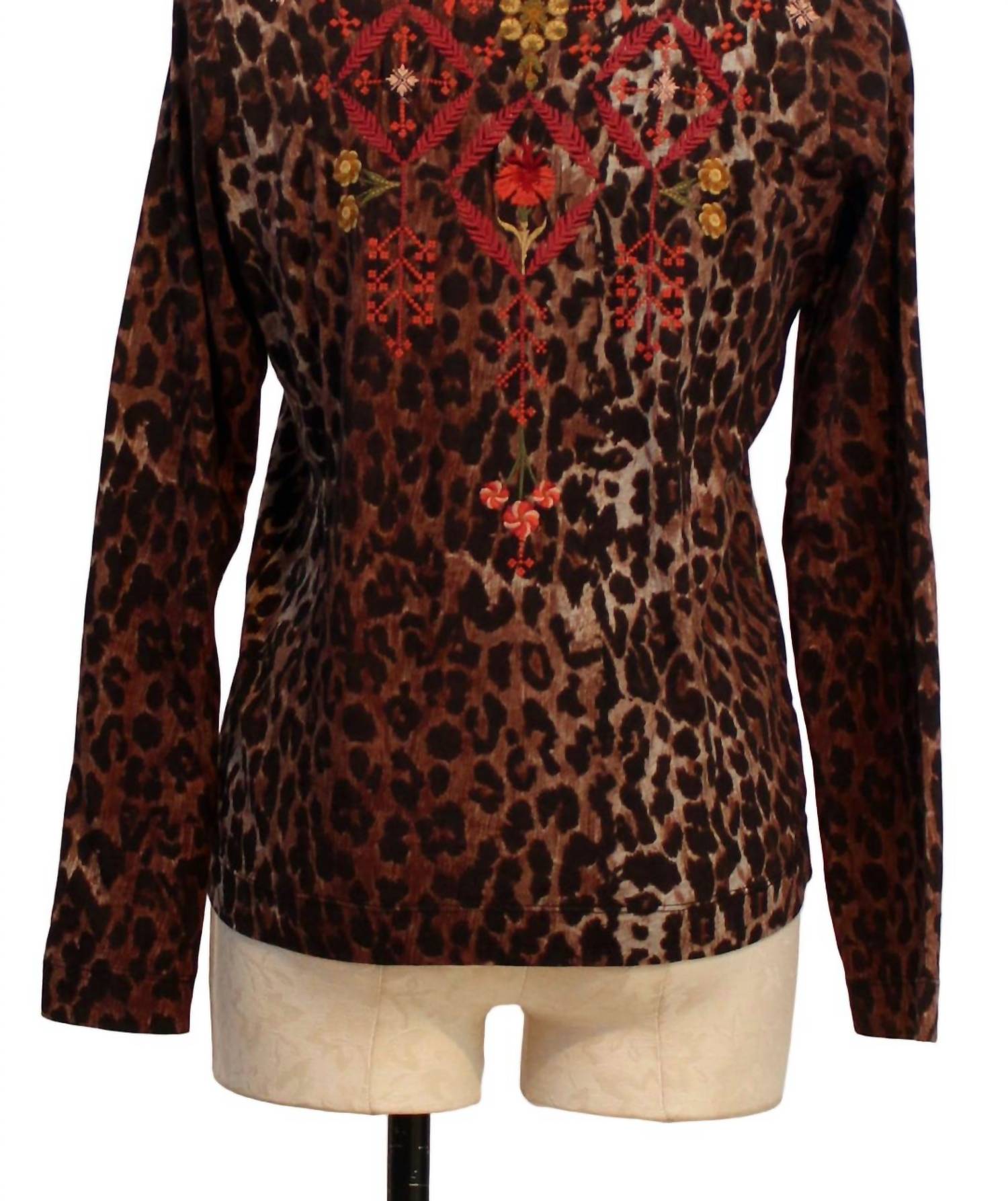 Johnny Was Women's Mixed Media Henley Shirt in brown - women's long sleeve top - detail view