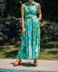 HEMANT & NANDITA Long Dress With Belt in green - women's dress - alternate view