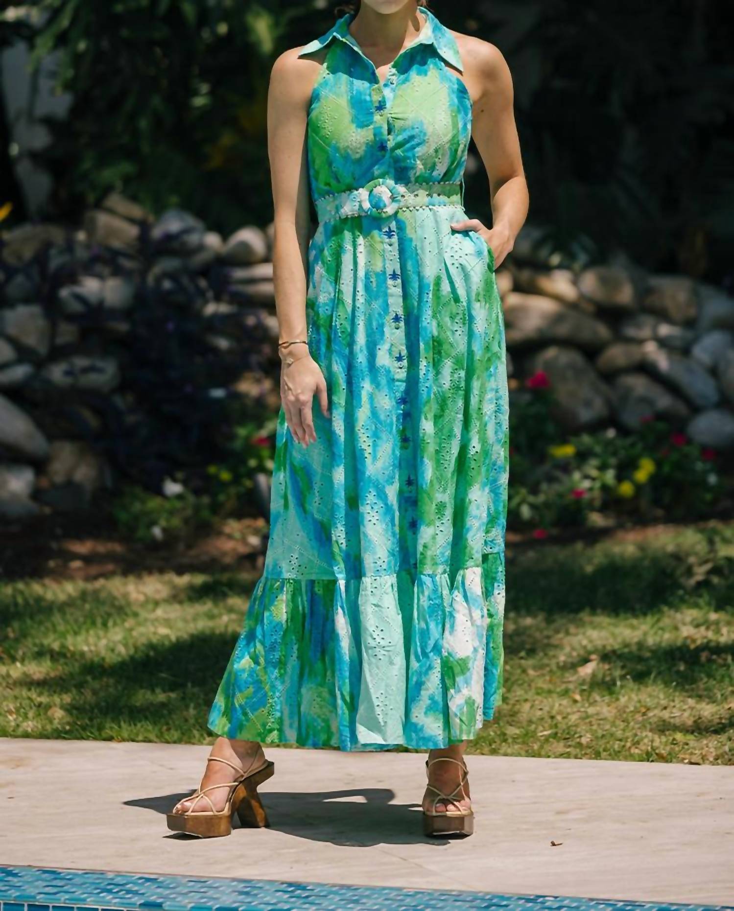 HEMANT & NANDITA Long Dress With Belt in green - women's dress - alternate view