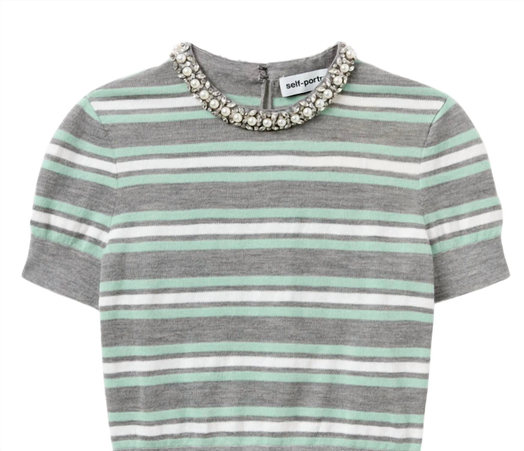 Self-Portrait - Women's Striped Crystal Trim Knit Top
