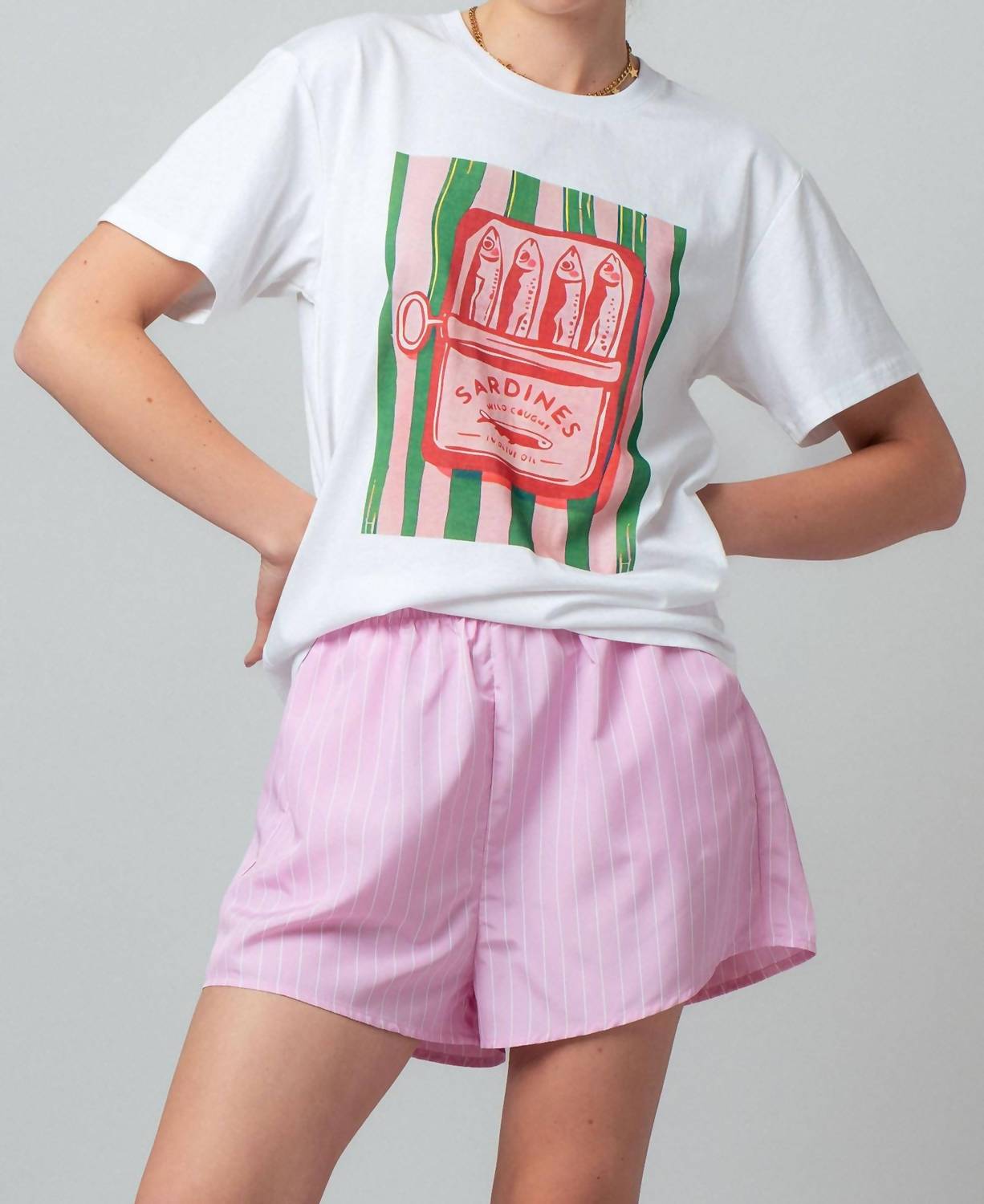 Urban Daizy - Sardine Graphic Tee and Striped Shorts Set