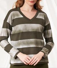 Angel Apparel Stripe V-neck Sweater in army - women's sweater - detail view