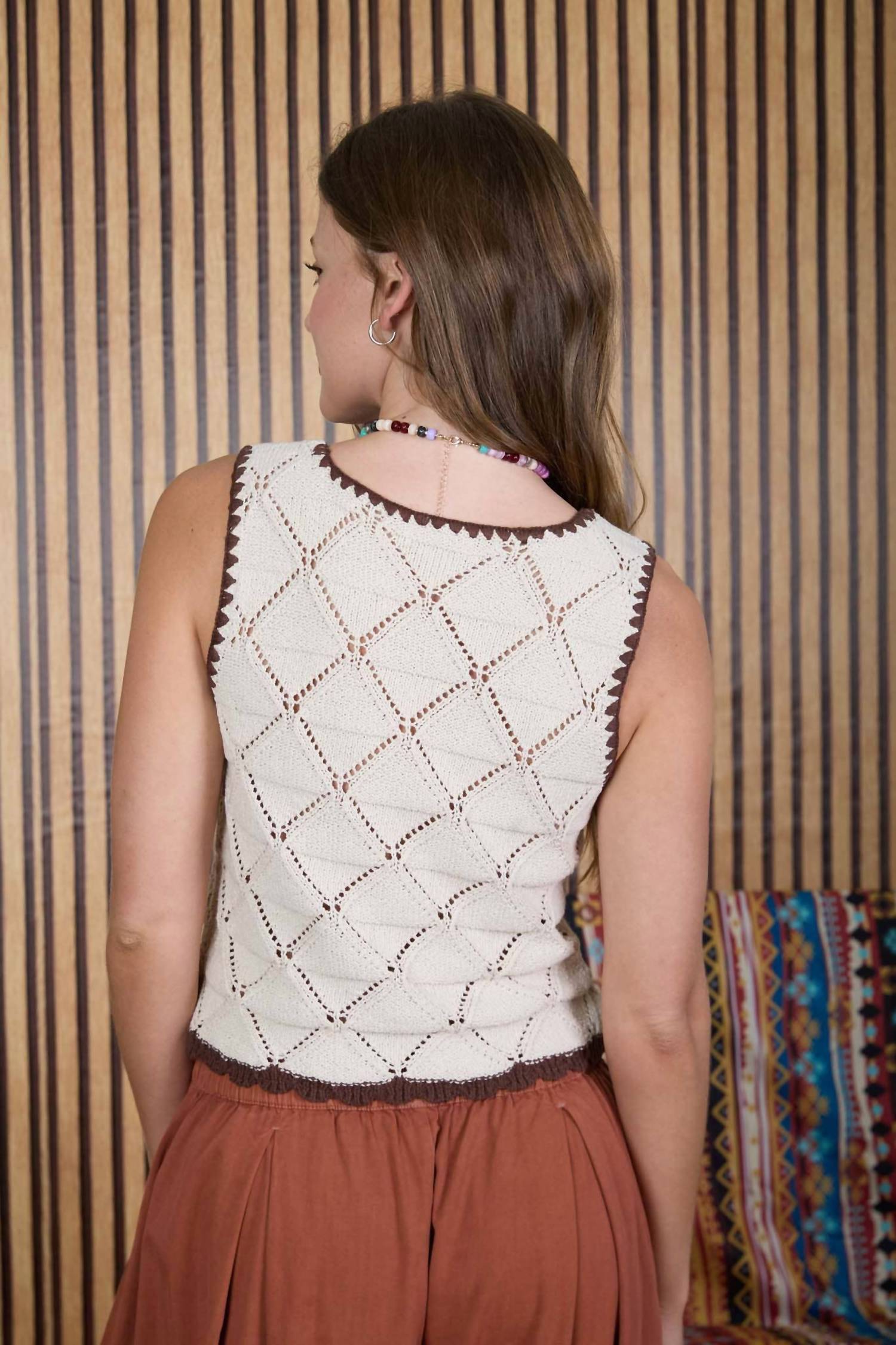 Blu Pepper - Contrast Stitch Crochet Knit Front Tie Vest