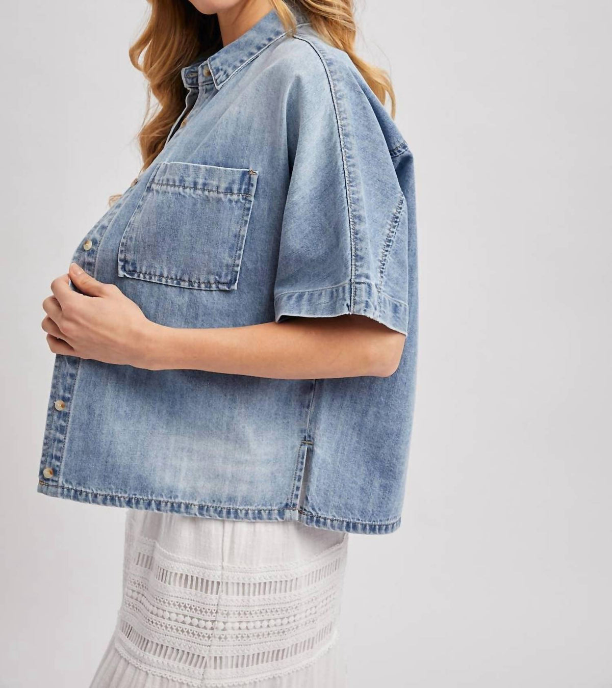 Bluivy - Women's Denim Button Down Short Sleeve Boxy Shirt