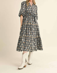 &Merci - Bubble Sleeve Lace Trim Midi Dress