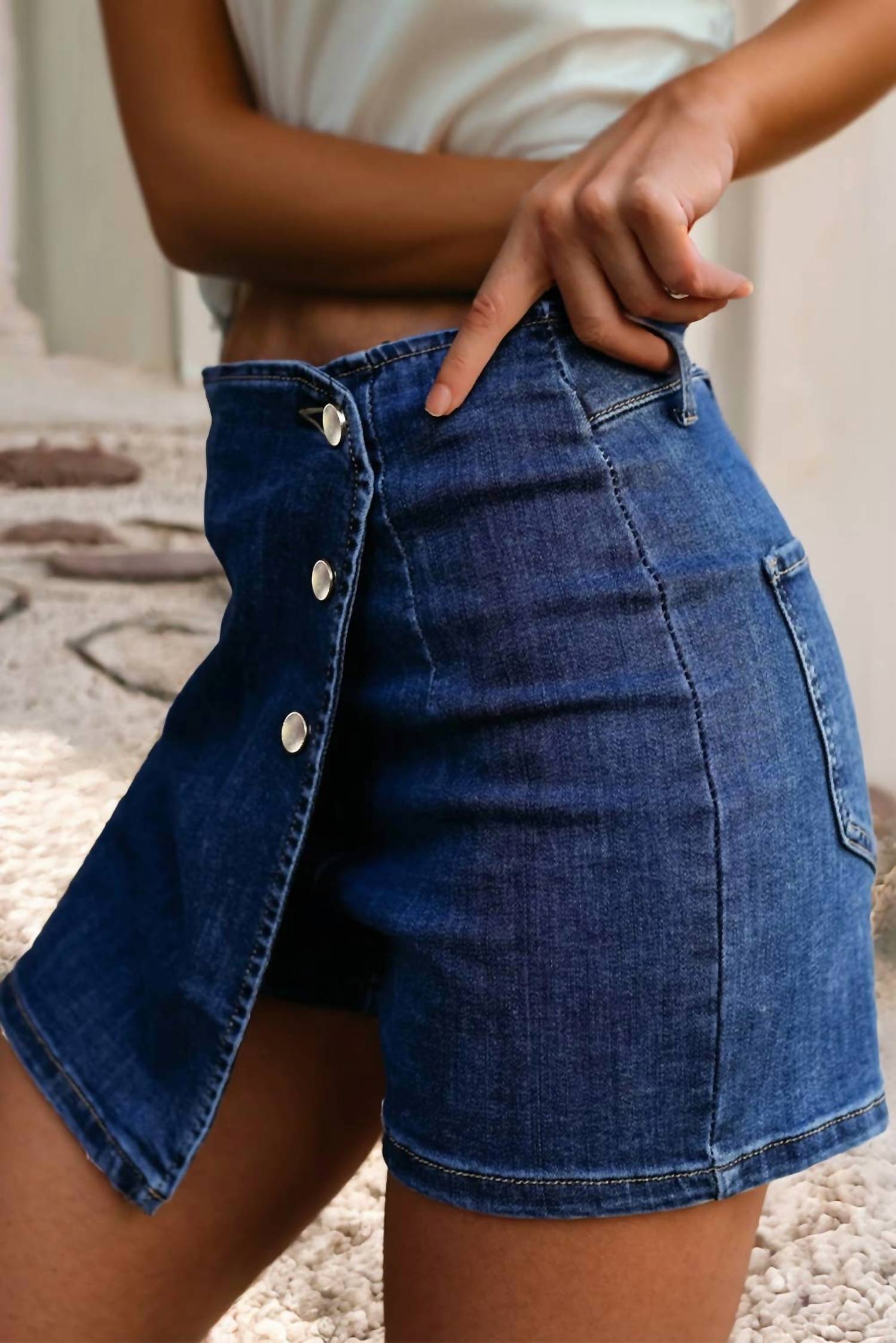 Little Daisy Closet - Asymmetric Wrapped Buttoned Denim Shorts