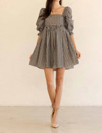 STORIA Florence Mini Dress in navy brown gingham - women's dress - view 7
