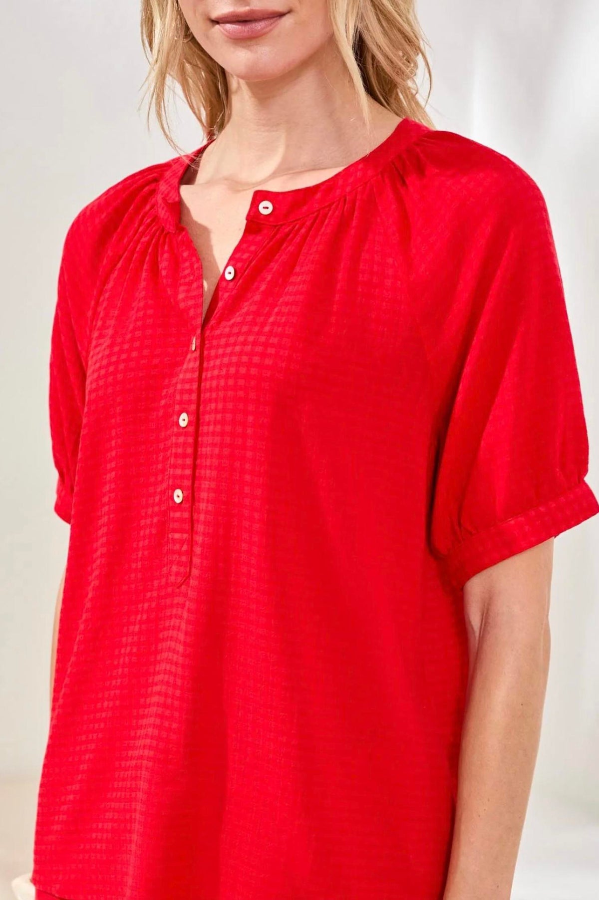 Tribal - Gingham Semi-sheer Notch Neck Blouse With Button Detail