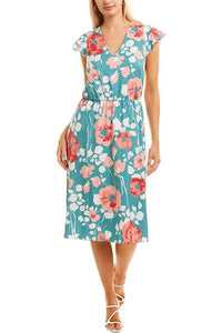 Adrianna Papell - Short Sleeve Tie Back Floral Jersey Dress