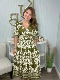 She + Sky - 3/4 Sleeve V-Neck Printed Woven Midi Dress With Side Pocket