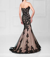 Social Occasions By Mon Cheri - Black Sequined Brocade Lace Nude Strapless Long Gown