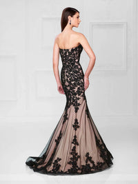 Social Occasions By Mon Cheri - Black Sequined Brocade Lace Nude Strapless Long Gown