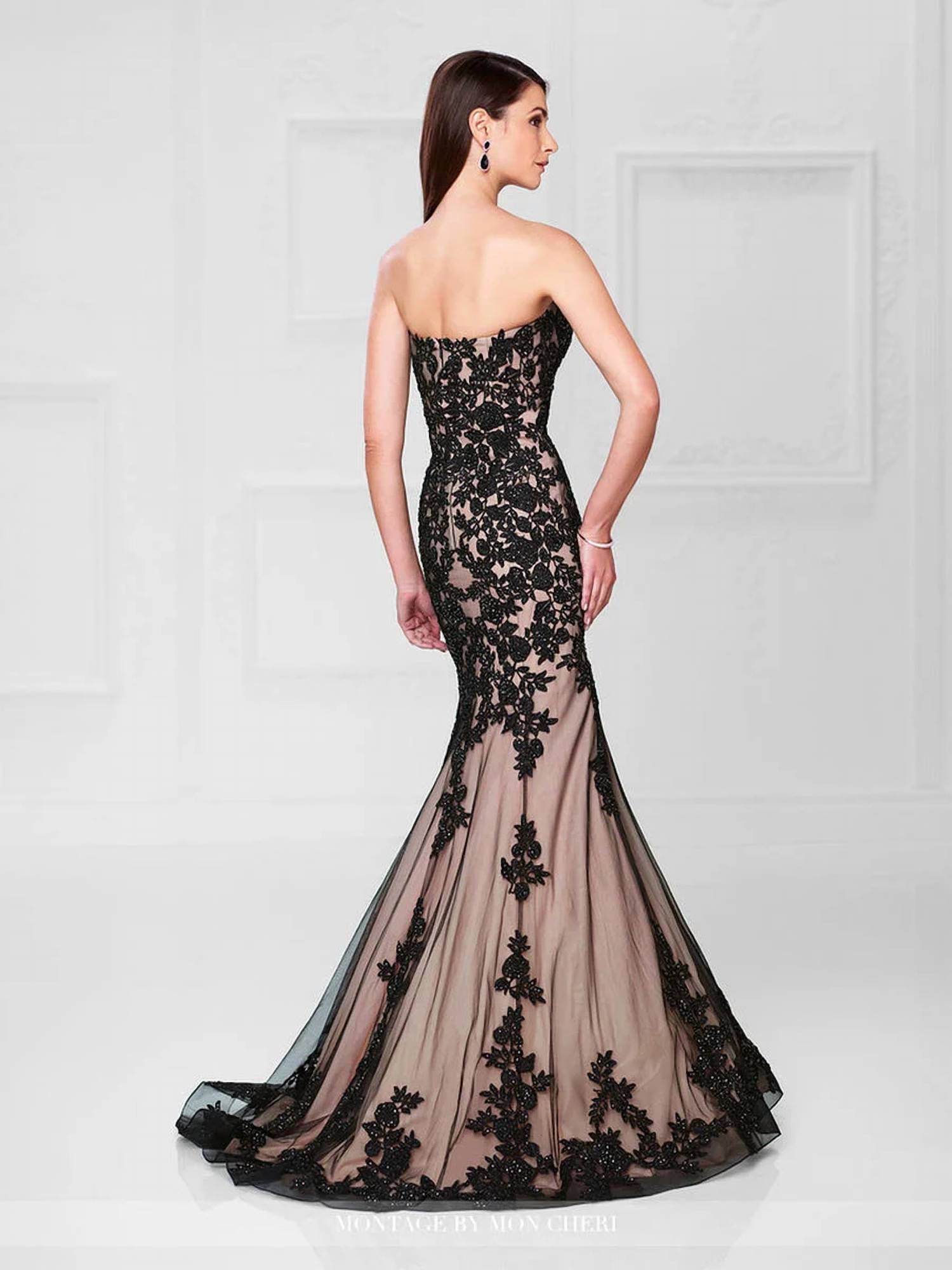 Social Occasions By Mon Cheri - Black Sequined Brocade Lace Nude Strapless Long Gown
