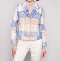 Charlie B - Plaid Boucle Knit Short Jacket With Hidden Snaps And Welt Pockets
