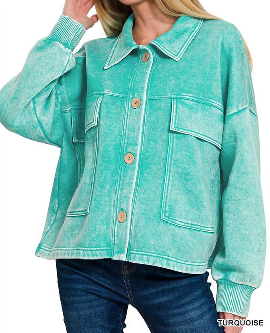 Zenana - Acid Wash Fleece Cropped Shacket With Front Pockets