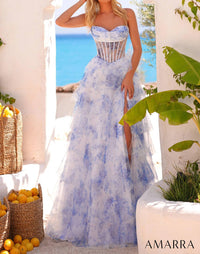 AMARRA Sheer Corset Bodice Prom Dress in blue - women's dress
