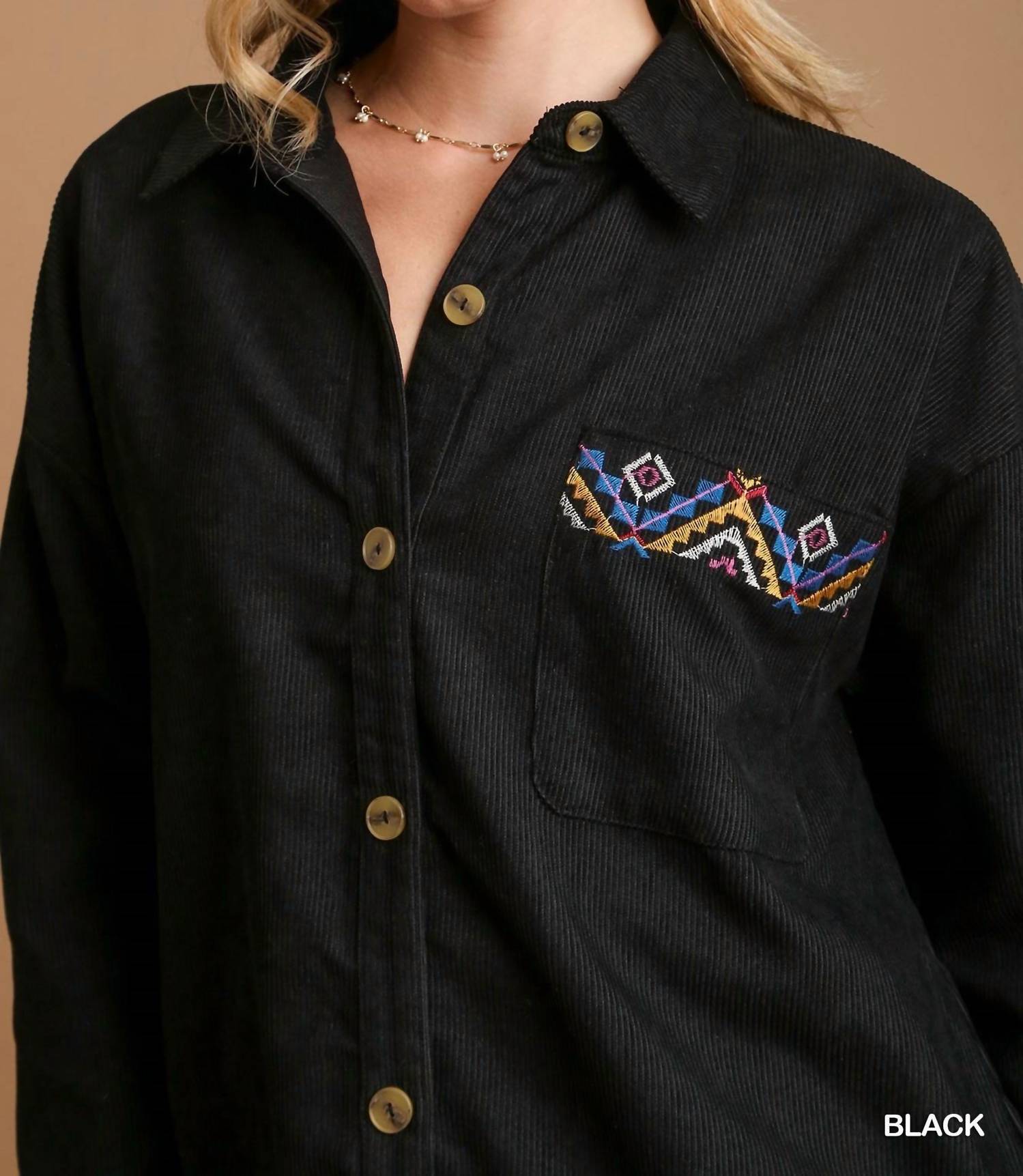 Umgee - Corduroy Long Sleeve With Embroidery Detail Top