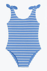 LIMEAPPLE Kaya Crinkle Bow Tie One Piece in blue stripe - women's swimwear - detail view