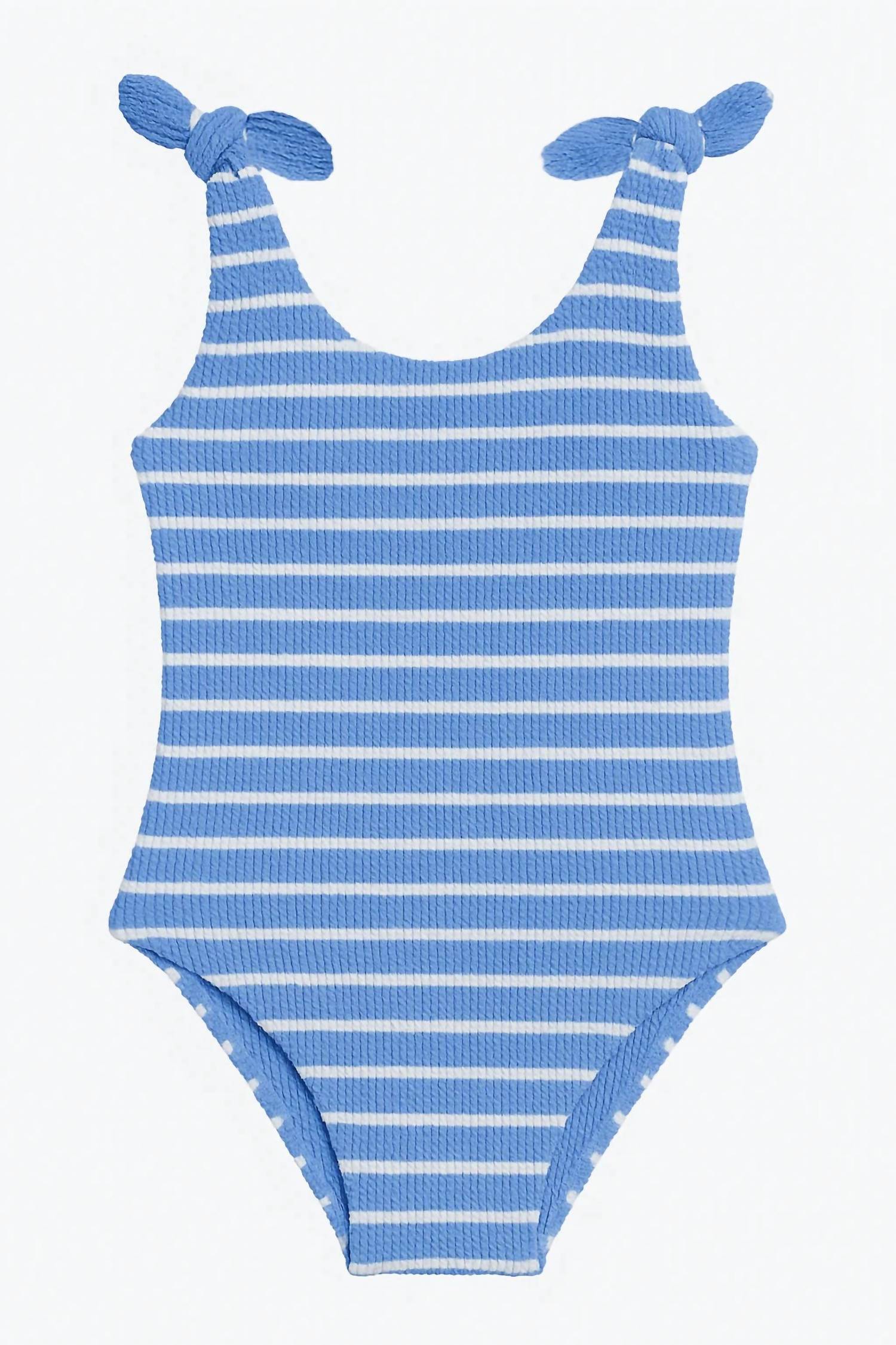 LIMEAPPLE Kaya Crinkle Bow Tie One Piece in blue stripe - women's swimwear - detail view