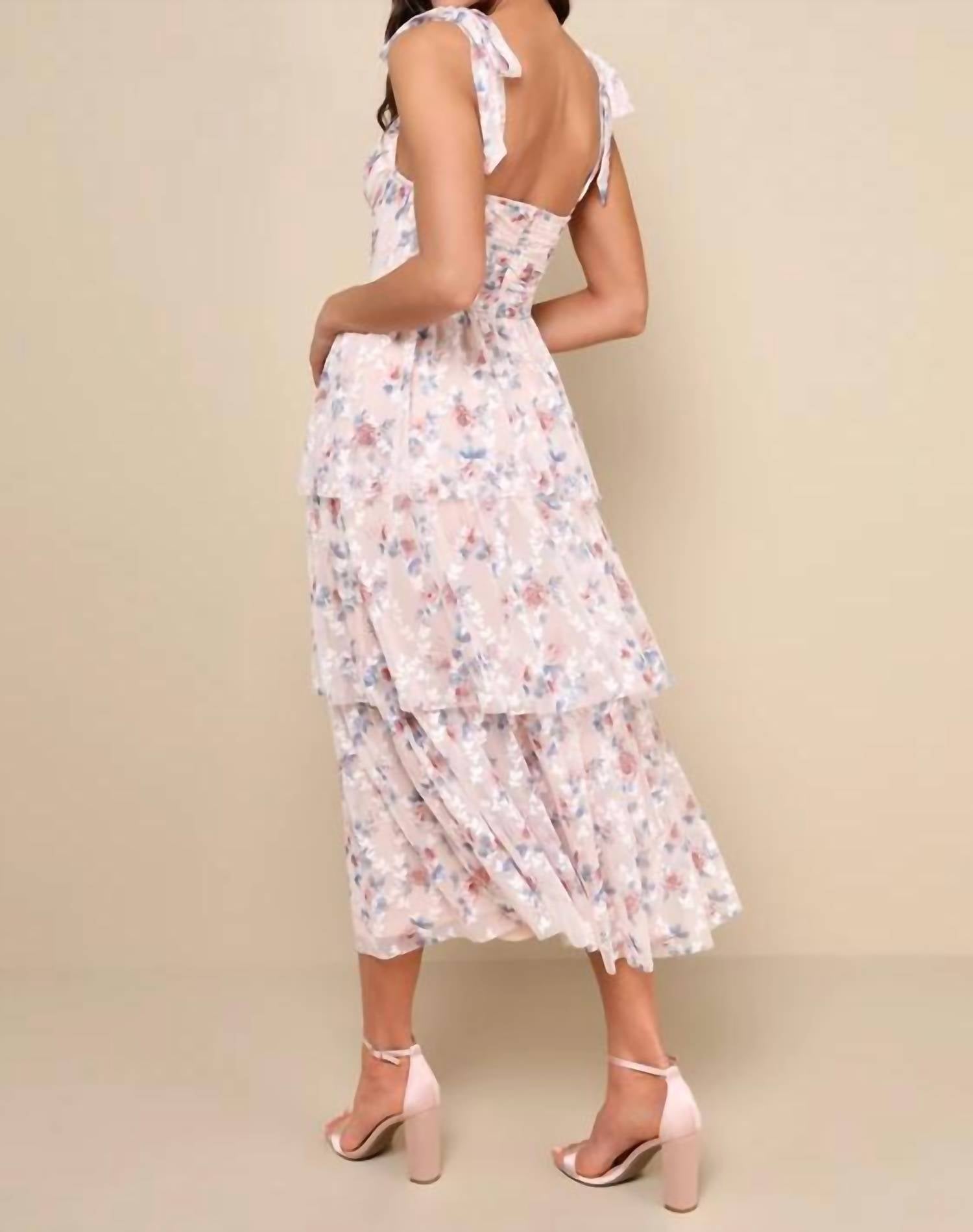 Lulus Flirtatious Radiance Floral Mesh Bustier Midi Dress in blush pink - women's dress - alternate view