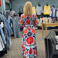Rosa Clothing Vibrant Bohemian Tropical Long Sleeve Dress in blue - women's dress - detail view