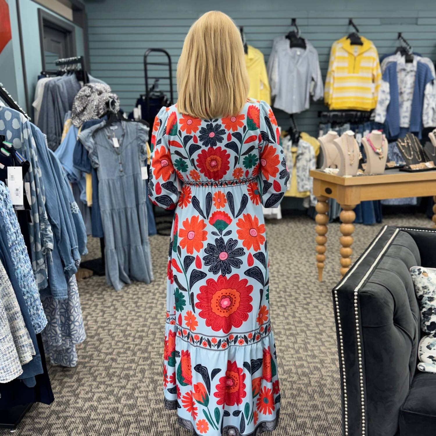 Rosa Clothing Vibrant Bohemian Tropical Long Sleeve Dress in blue - women's dress - detail view