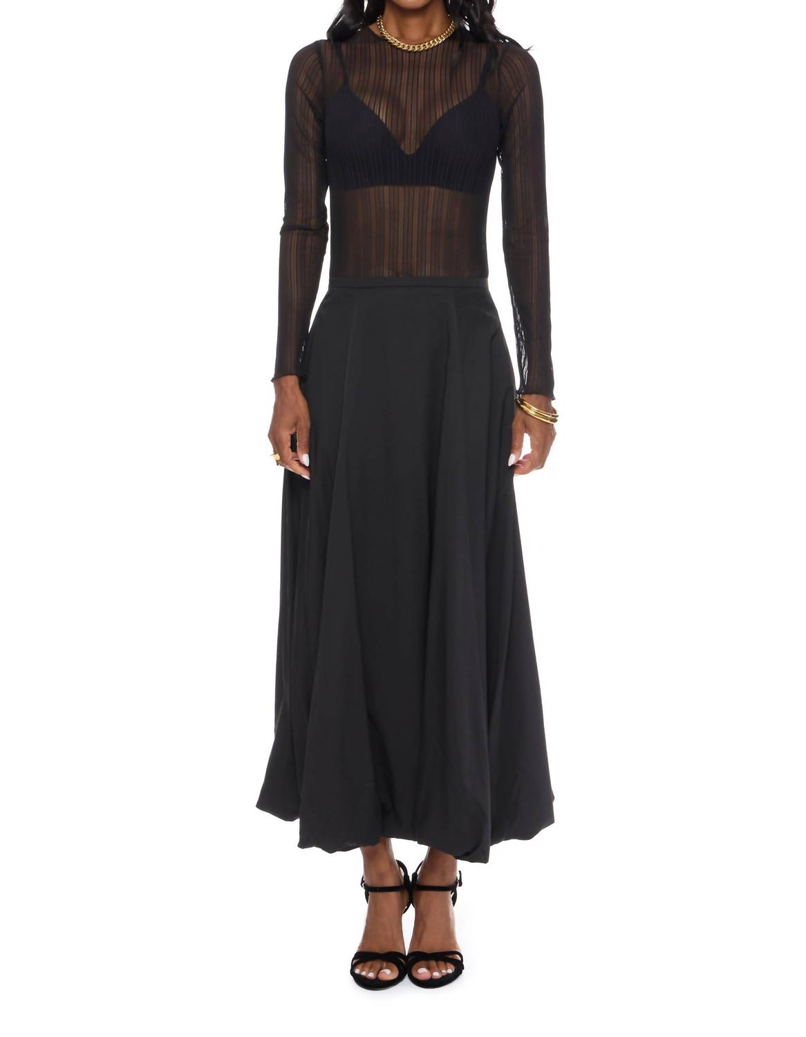GREYLIN Kareli Rib Sheer Mesh Long Sleeve Top in black - women's long sleeve top