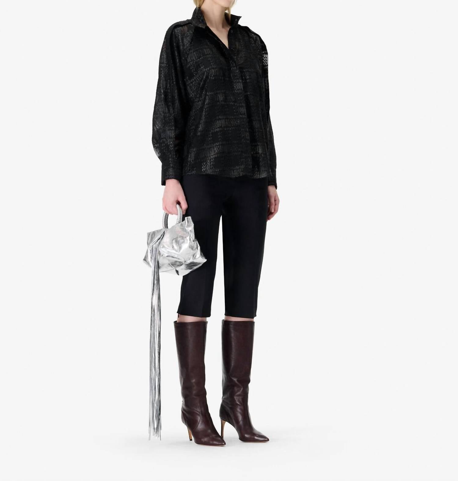 IRO Valmu High Collar Shirt in black lurex - women's shirt - alternate view