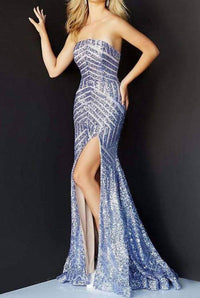 Jovani - Chevron Sequin Strapless High Slit Gown
