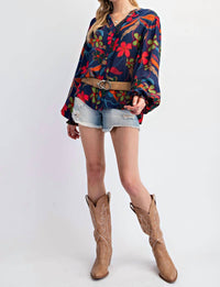 Easel Peach Blossom Floral Gauze Top - Plus in navy - women's blouse
