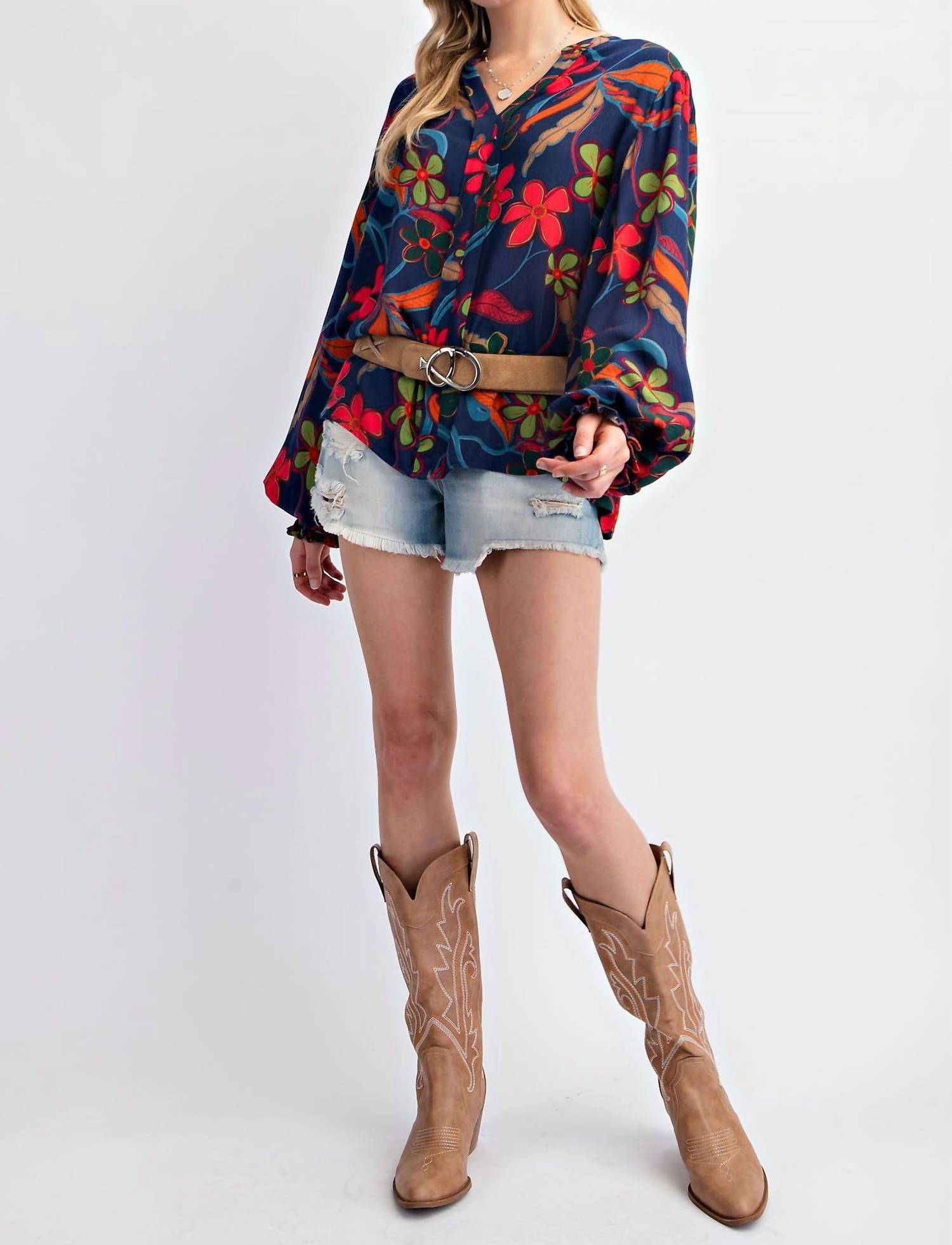 Easel Peach Blossom Floral Gauze Top - Plus in navy - women's blouse