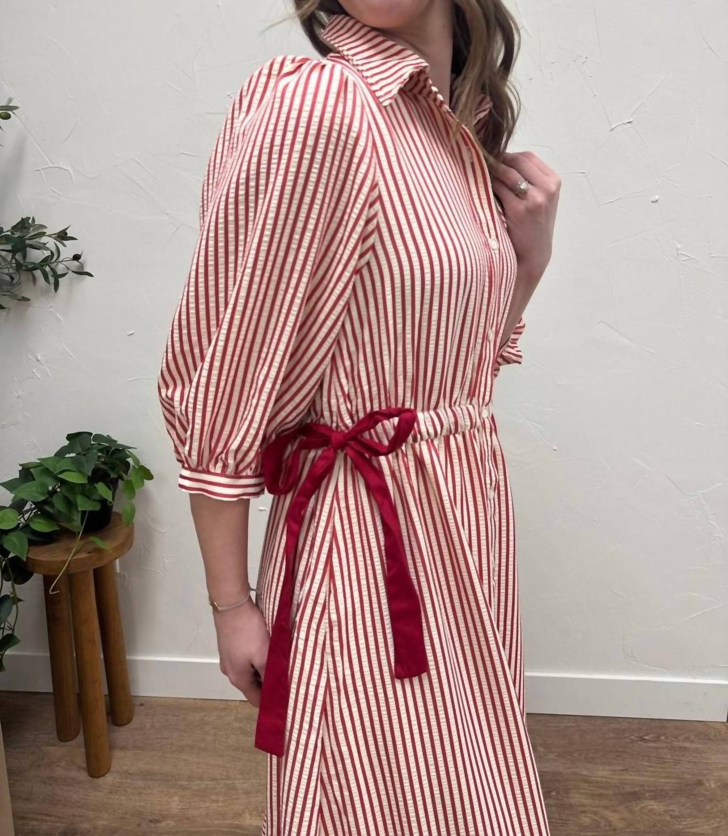 Polagram - Striped Contrast Side Ribbon Midi Dress