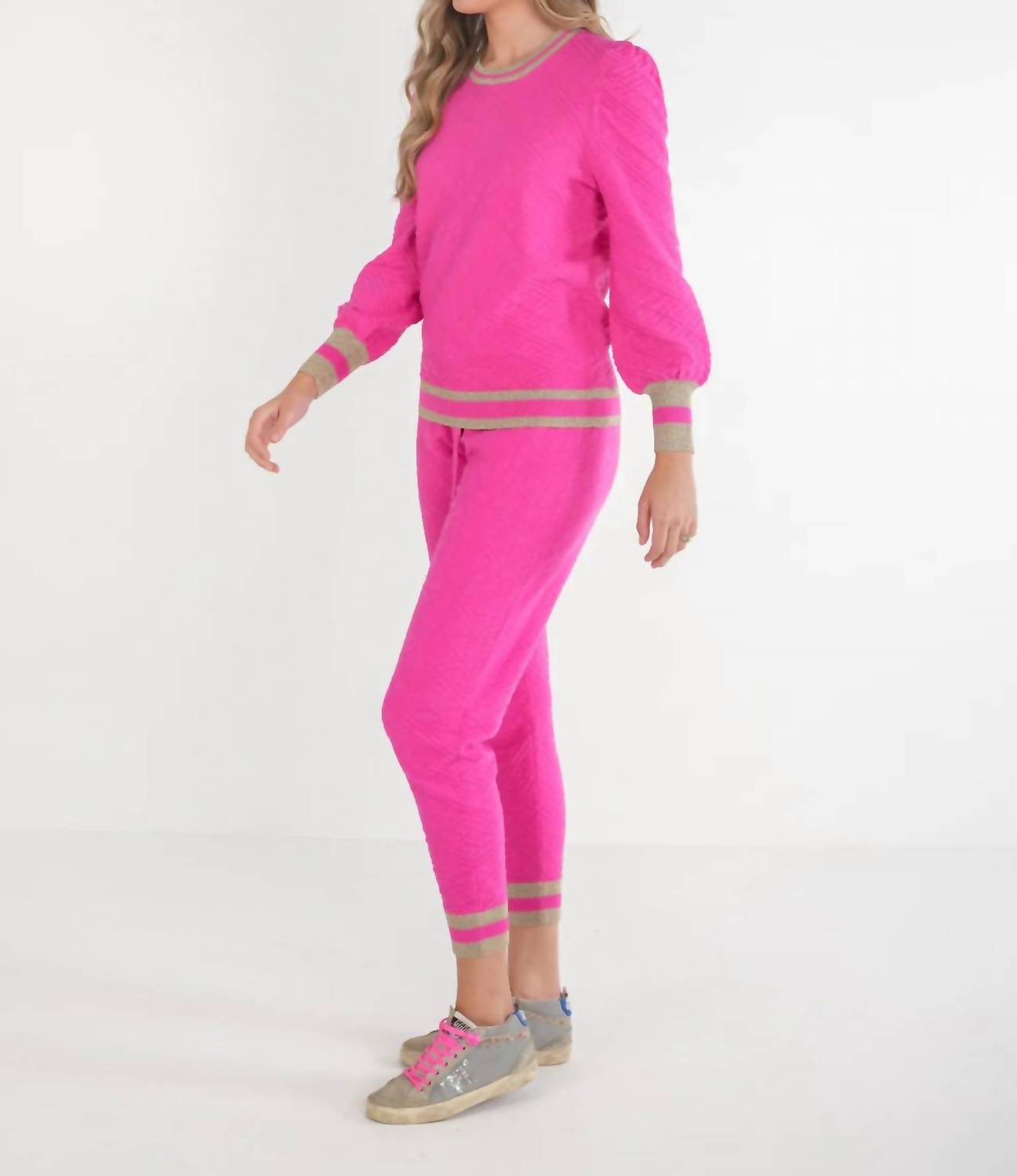 Emily McCarthy Julia Crew Sweater in rose monogram knit - women's sweater - detail view