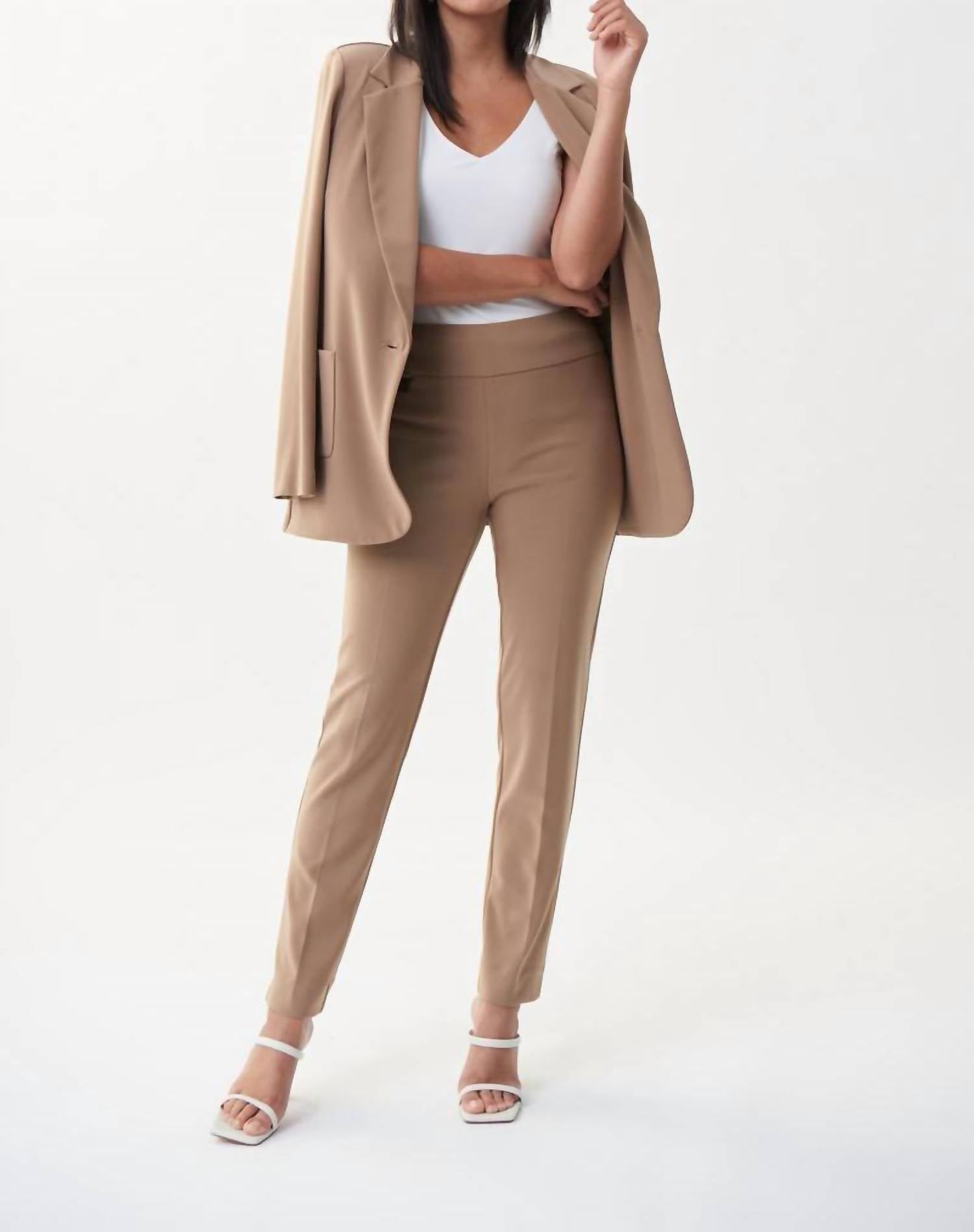 Joseph Ribkoff Straight Leg Tab Pull On Pants in latte - women's pants - detail view