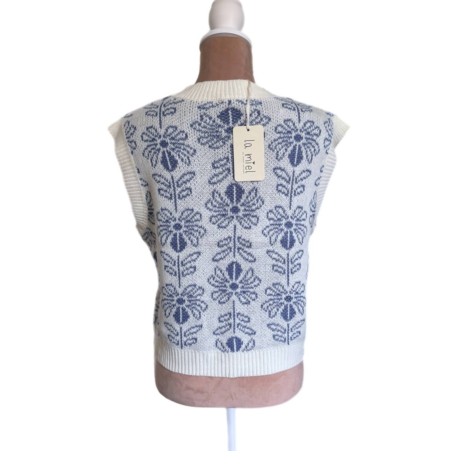 LA MIEL Floral Knit Sweater Vest Top in pacific blue - women's blouse - view 4