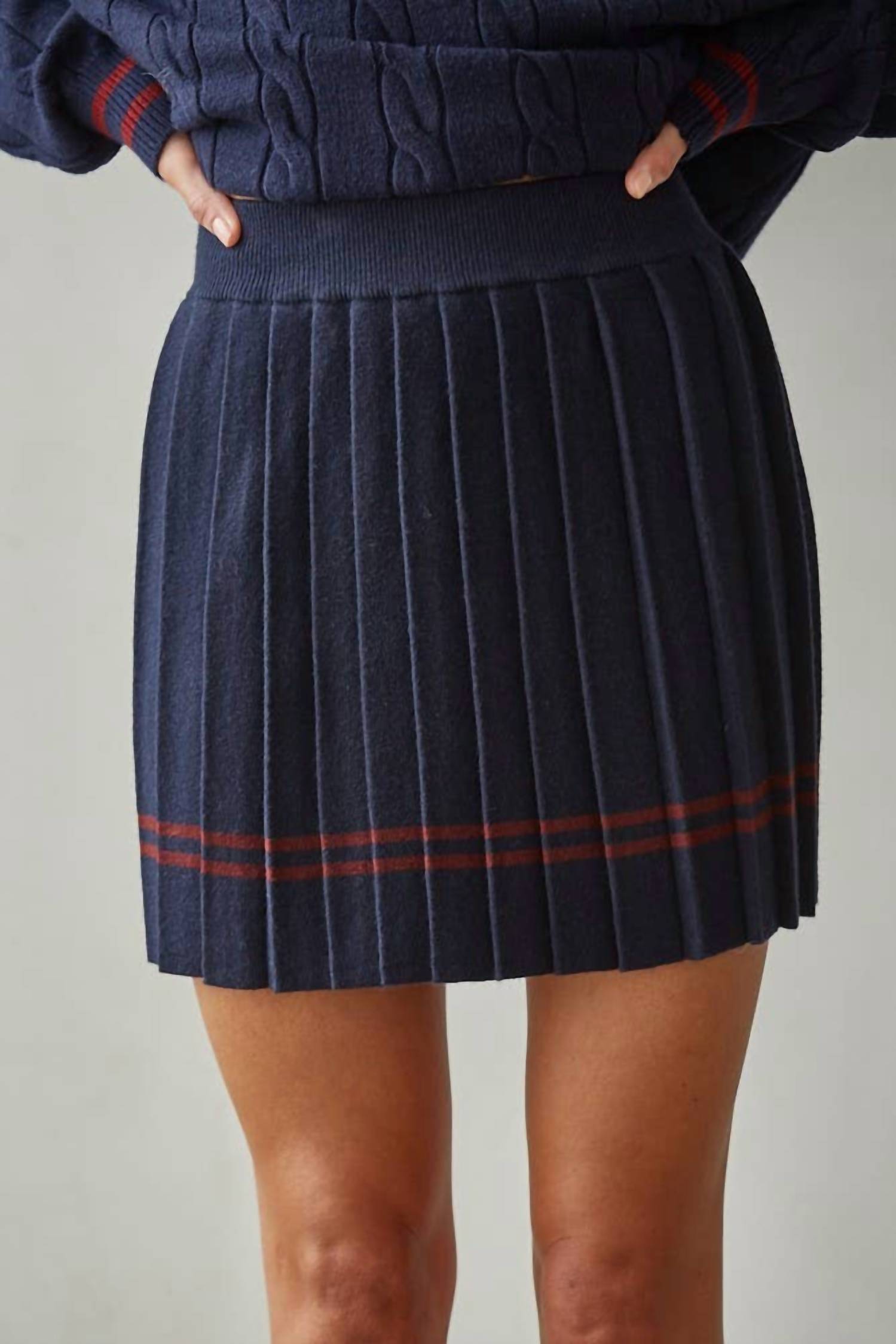 By Together - Knit Pleated Mini Skirt With Contrast Striped Hem