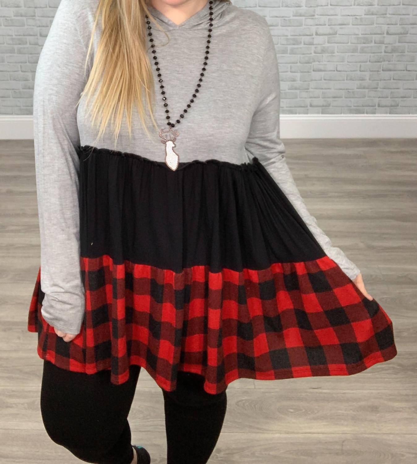 Honeyme - Tiered Buffalo Plaid Hoodie Tunic