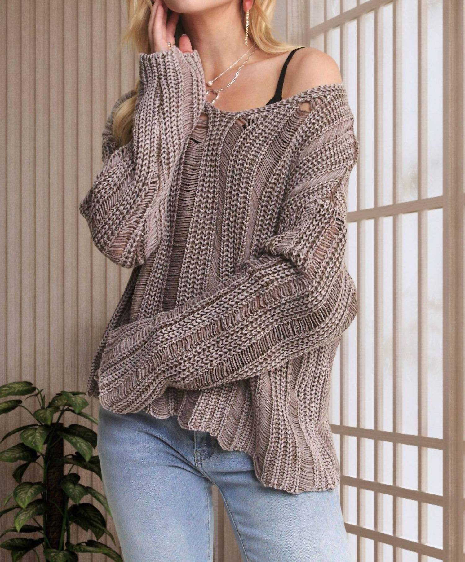 ADORA Mineral Wash Loose Knit Pullover Sweater in mocha - women's sweater - view 4