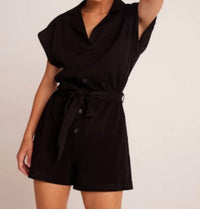 Bella Dahl Brooke Notched Collar Romper in black - women's pants - detail view