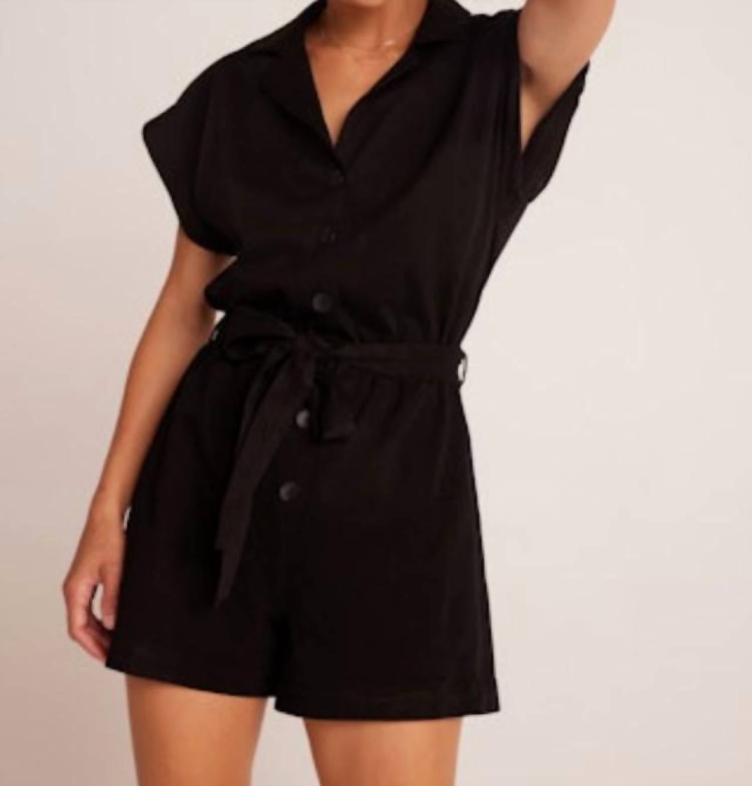 Bella Dahl Brooke Notched Collar Romper in black - women's pants - detail view