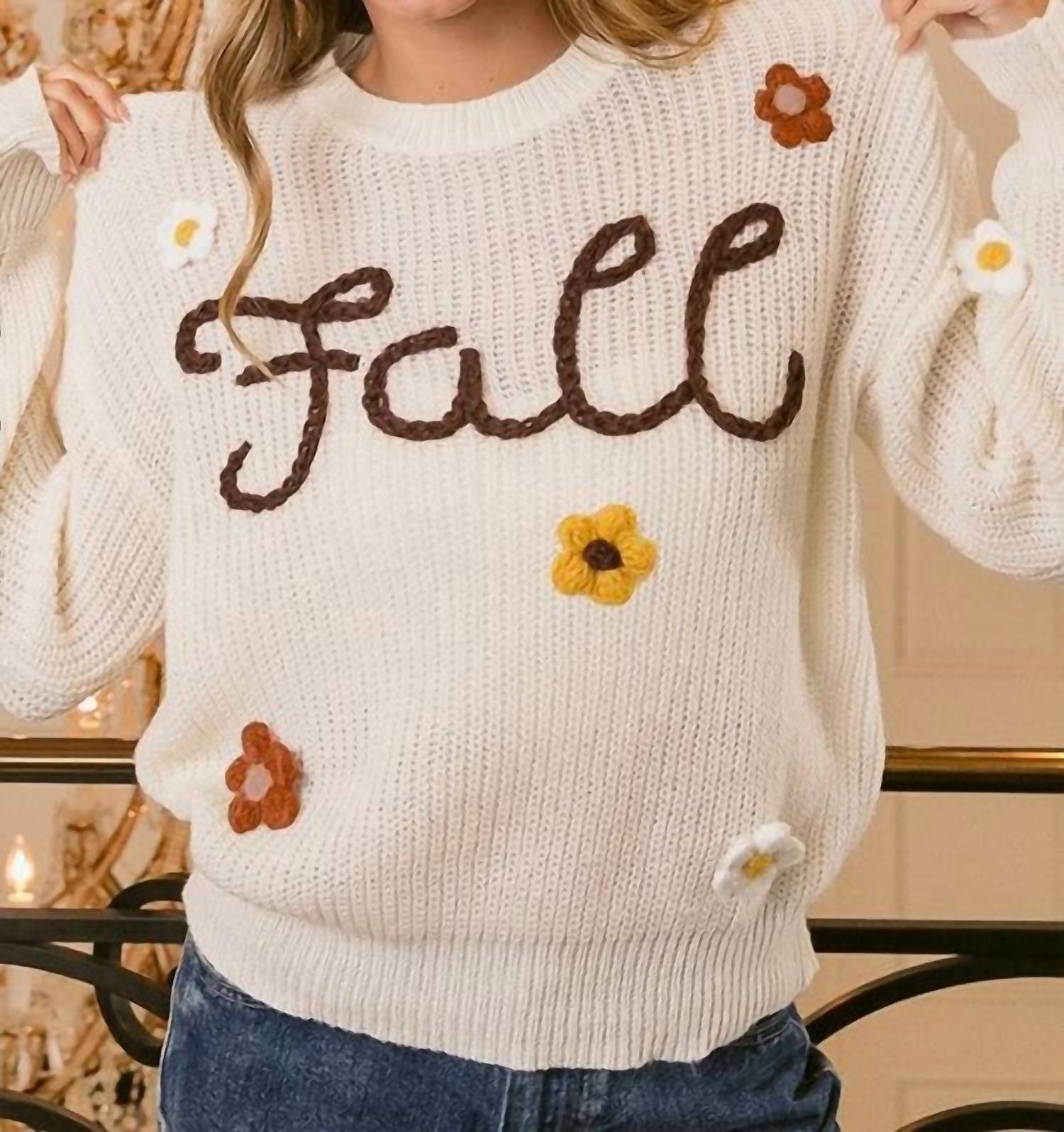 Bibi - Fall Yarn Stitching Letter and Flower Applique Sweater
